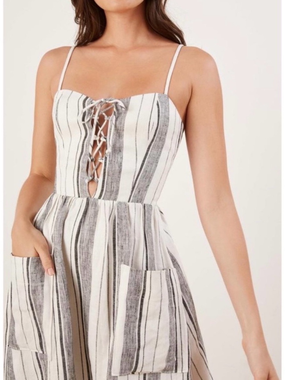 Reformation Ellen (Louisiana Stripe)Lace-Up Midi Linen Dress -Sz 2 - Picture 2 of 6